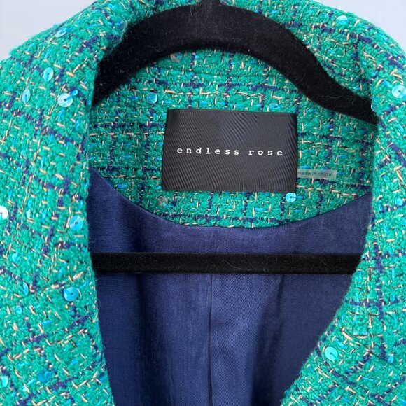 NWT Endless Rose Premium Green Navy Tweed Sequin Cropped Blazer Jacket Sz S - Picture 6 of 7
